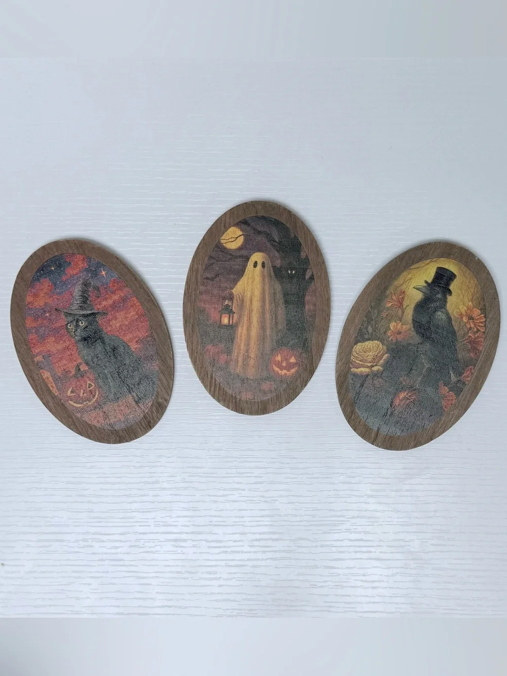 Set of 3 Wood Icon Signs Standing Ghost, Raven, & Black Cat Bullseye Playground